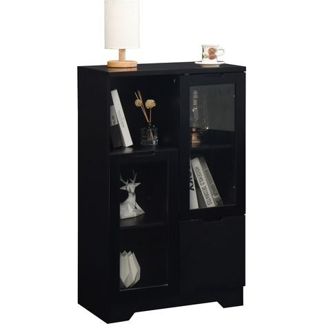 Armario de Almacenaje con 2 Puertas de Cristal, 1 Cajón y 2 Huecos, Estilo Moderno, en MDF, 80×35×120 cm, Negro