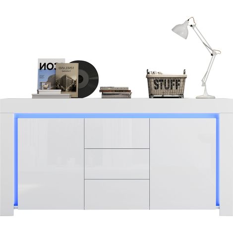 Meuble de salon 1404065 cm, commode moderne avec 3 tiroirs et 2 portes, largeur 140 cm, buffet d’appoint laqué brillant avec bande lumineuse LED, sideboard avec espace de rangement, adapté aux couloir (1/5)