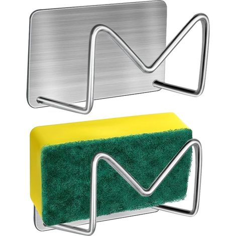 Lot de 2 Porte-éponge Auto-adhésif, Porte Éponge Evier Cuisine en Acier Inoxydable 304 sans Perçage Support Éponge pour Égouttoir - Argenté (1/4)