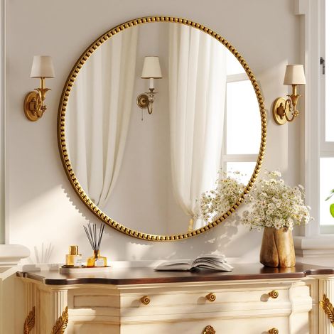 Miroir mural rond 80 cm Petit cadre de perles en verre trempé Convient pour chambre à coucher, salle de bain, etc., Doré (1/5)