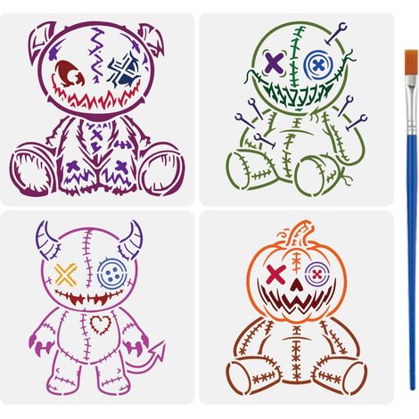 4 Pièces Pochoirs Peinture Poupée Vaudou Avec Pinceau 20x20cm Modèles De Peinture Réutilisables Lavables Thème Halloween pour Murs, Bois, Loisirs Créatifs DIY (1/5)