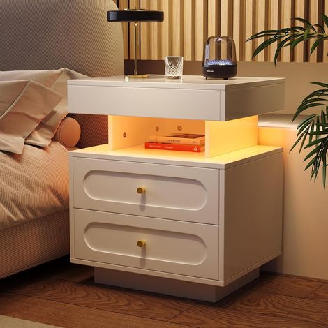Table de Nuit avec Éclairage 3 Couleurs LED 50×40×60cm – 2 Tiroirs + 1 Compartiment Ouvert - Table d'appoint pour Chambre à Coucher, Salon - Blanc (1/5)