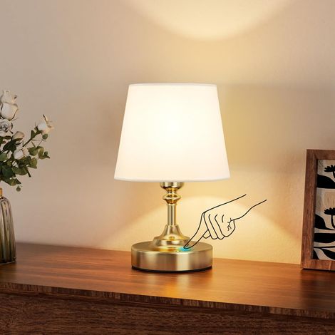 Lámpara de noche pequeña táctil, lámpara de mesa LED, inalámbrica, batería recargable, atenuación continua, pantalla de lino blanco, para decoración de dormitorio, sala de estar y cocina (latón) (1/5)