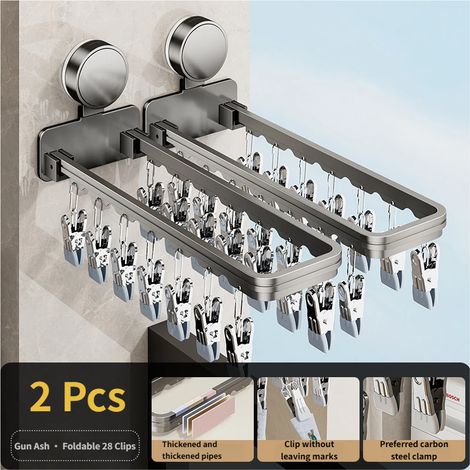 Porte-serviettes à ventouses, étendoir mural pour balcon/salle de bain, pinces à linge, étendoir à vêtements pliable à pinces multiples (1/5)