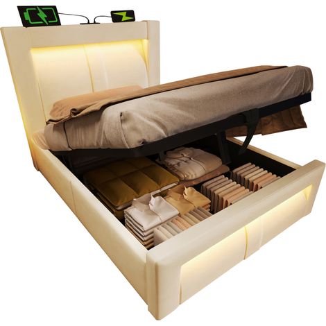 Letto singolo 90x200 cm con contenitore, LED, prese USB e Type-C, velluto beige, testiera curva, senza materasso  CHICFURN (1/5)