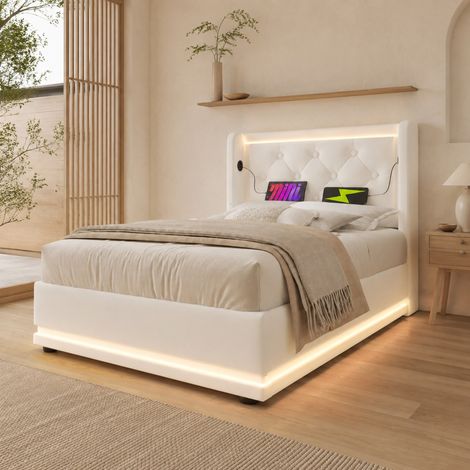 Letto contenitore 90x200 cm in PU bianco con USB, per cameretta, senza materasso – MEUBLIV (1/5)