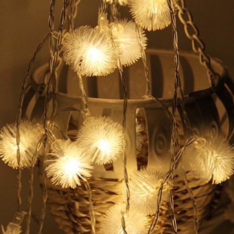 Guirlande lumineuse à piles de 5 m (16,5 pi) avec 40 LED en forme de boules de neige duveteuses, motif pissenlit, guirlande lumineuse féérique pour Noël, décoration de fêtes, mariages et soirées (blan (1/5)