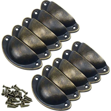 Lot 10 Poignées Porte Vintage Laiton Antique, Boutons Tiroir Meuble Coquille Métal pour Placard Armoire Commode GROOFOO (1/5)