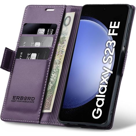 Funda para Samsung Galaxy S23 FE, funda tipo cartera brillante con diseño de lichi, color morado. (1/5)