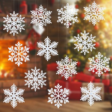 Lot de 20 Flocons de Neige Blancs 10cm - Décoration de Noël Suspendue pour Sapin, Fenêtre et Maison - Ornements de Fête Hivernale avec Corde de 8m - 5 Styles Assortis (1/5)