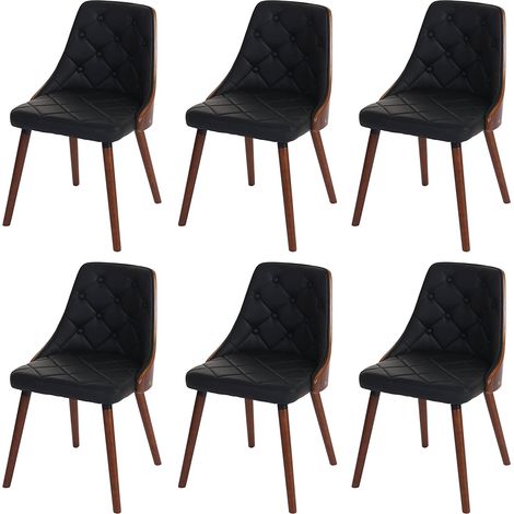 Juego de 6 elegantes sillas de comedor de diseño acolchadas en madera de nogal y asiento sintético negro CDS04668
