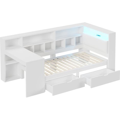 L-Plateau-Bett 90x200 cm weiß mit Schreibtisch, Regal, Schubladen und LED (1/5)