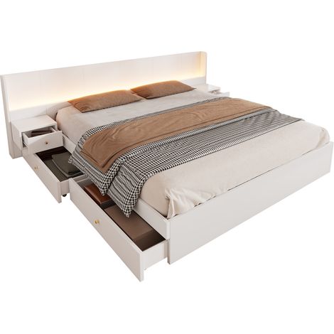 Letto matrimoniale 180 x 200 cm in MDF bianco con LED, USB, prese e contenitore (1/5)