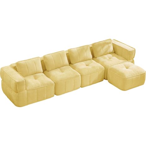 Modulares Sofa 4-Sitzer mit Hocker, tiefer Sitz aus Polyester, Gelb (1/5)