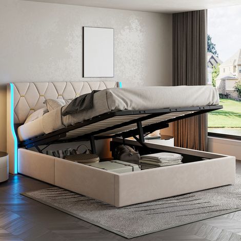 lit coffre 160x200cm, lit 2 places avec LED, tête de lit capitonné, lit adulte avec levier hydraulique, cadre de lit avec Sommier à lattes, velours, beige (1/5)