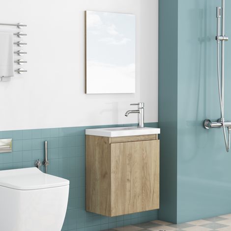 Mobile lavabo sospeso 40 cm con lavabo in ceramica e specchio, finitura rovere HAVRYA (1/5)