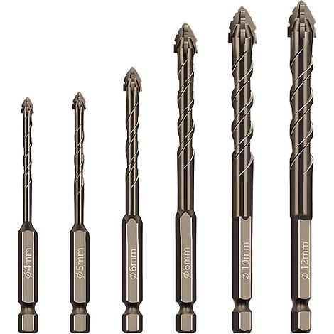Set di 6 punte per trapano per piastrelle, punta diamantata per piastrelle, punta eccentrica a quattro scanalature 4/5/6/8/10/12 mm, lega di acciaio al tungsteno, utilizzo a secco e a umido per vetro, (1/5)