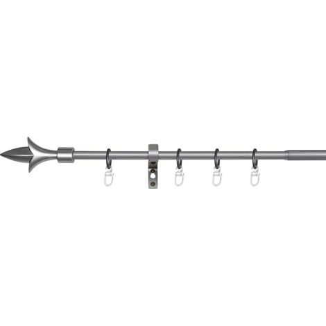 ondeco Gardinenstange ausziehbar 1-lauf, Vorhangstange Fenster Wandmontage, Endstück Lance Komplettgarnitur Teleskopstange 13/16 mm mit Ringen -  Silber - 130-240 cm