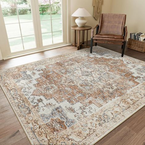Alfombra persa vintage, 160 x 80 cm, terciopelo de poliéster suave, color naranja y beige