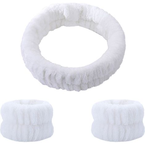 Set de 3 pièces : bandeau élastique de lavage de visage, serre-tête spa facial et bracelets pour maquillage et soins de la peau – blanc (1/5)