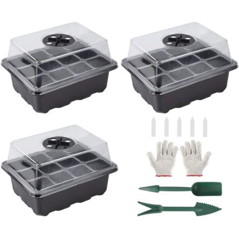 Bac à semis Démarrage de Semis Plateau, 3pcs Boîte de Germination Mini Serre pour Semis avec Dôme D'humidité Réglable pour la Culture des Plantes(12 Cellules par Plateau) (1/5)