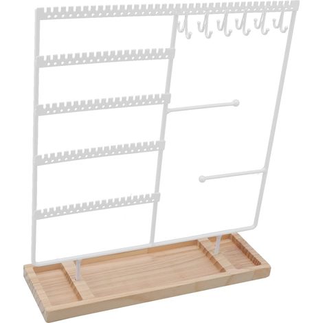 Cintre pour boucles d'oreilles en fer à 5 niveaux, 90 trous, 2 barres en métal, support pour boucles d'oreilles avec base en bois pour boucles d'oreil (1/5)