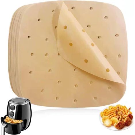 Perforated Baking Paper for Air Fryer, 200 pcs 8.5" Square Baking Paper Airfryer Nonstick Oil Resistant Parchment Paper Bamboo Paper Baking Accessory Paper Microwave Oven Skillet (1/4)