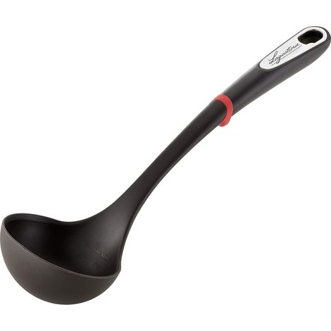 Louche en silicone avec revêtement anti-rayures, poignée ergonomique à la main en plastique, lavable au lave-vaisselle, noir et rouge (1/4)