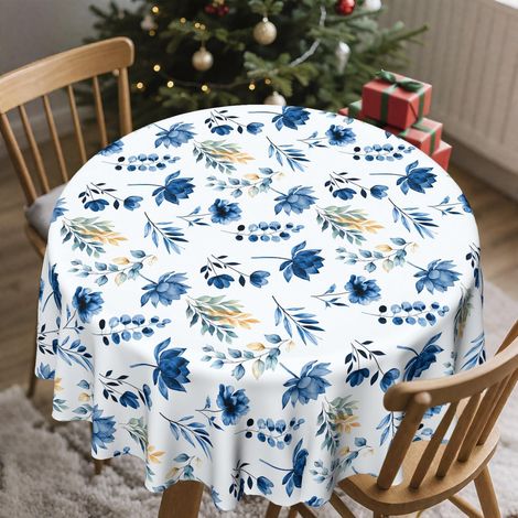 Runde Tischdecke 152 cm Blau Blumen Weihnachtlich Wetterfest für Küche & Outdoor