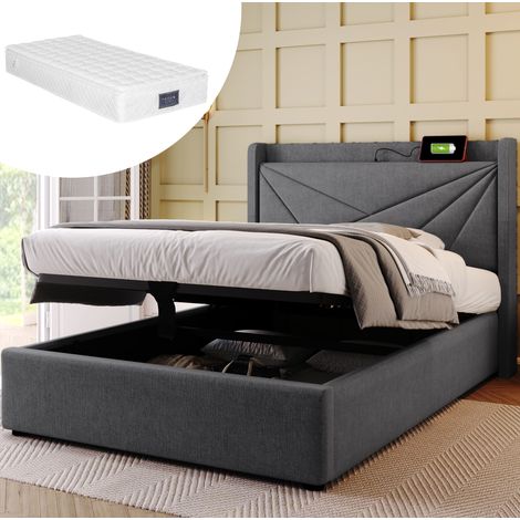 Bett Einzelbett Stauraum 90x200 Grau mit Matratze OKMYHOME (1/5)