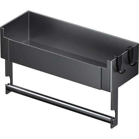 Magnetic Fridge Shelf, Metal Magnetic Spice Rack with 2 Hooks for Kitchen Storage and Organization, Black (1/5)