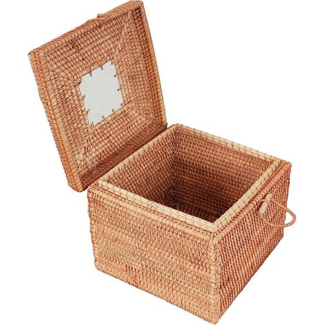 Aufbewahrungskorb mit Deckel, geflochtener Rattan-Organizer, kleine quadratische Behälter mit Griffen