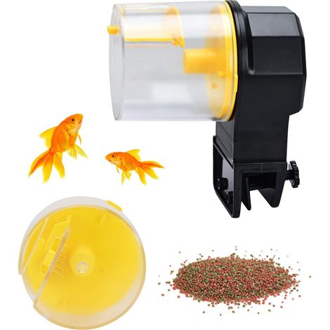 Distributeur automatique de nourriture pour poissons 100/210 ml (jaune), minuteur automatique pour aquarium avec deux compartiments d'alimentation pour les week-ends fériés (1/5)