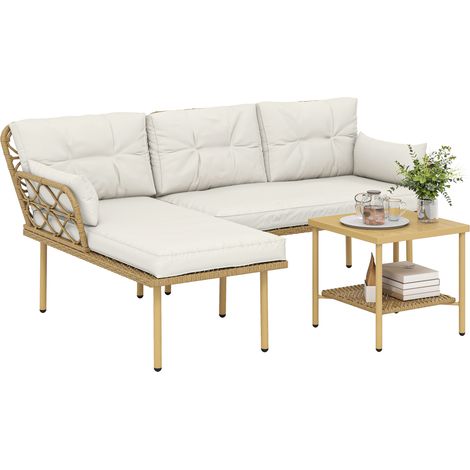 Set salotto da giardino d'angolo 4 posti, 3 pezzi compreso un tavolino molto comodo con cuscini, resina intrecciata colore crema