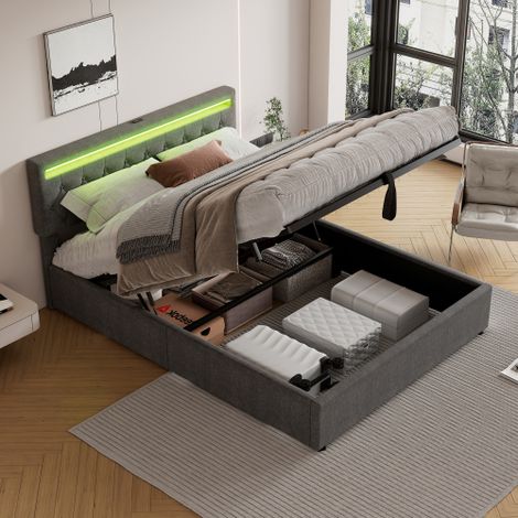 Lit plateforme : Design luxueux et rembourré, doté d'un éclairage d'ambiance, de réglages de hauteur ajustables, de ports USB et USB-C intégrés, ainsi que d'un vaste espace de rangement. Couleur : Bla (1/5)