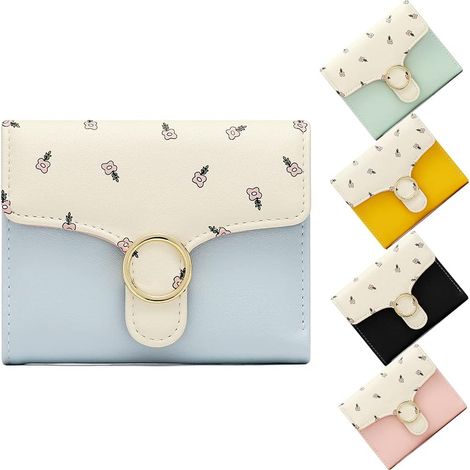 Porte-cartes de crédit en cuir PU court avec boucle à plusieurs fentes pour femmes (bleu floral)