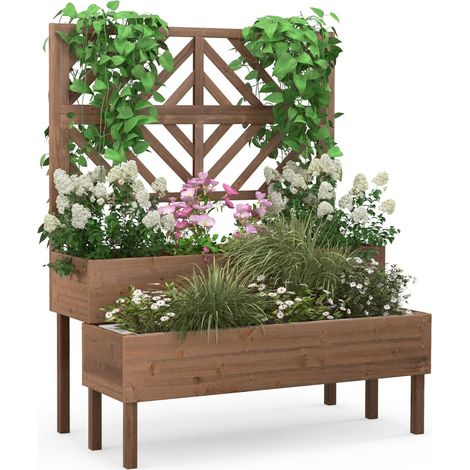 Jardinera elevada de 2 niveles 109 x 62 x 135 cm con enrejado para plantas trepadoras estilo de diseño en madera de abeto color café 200020901