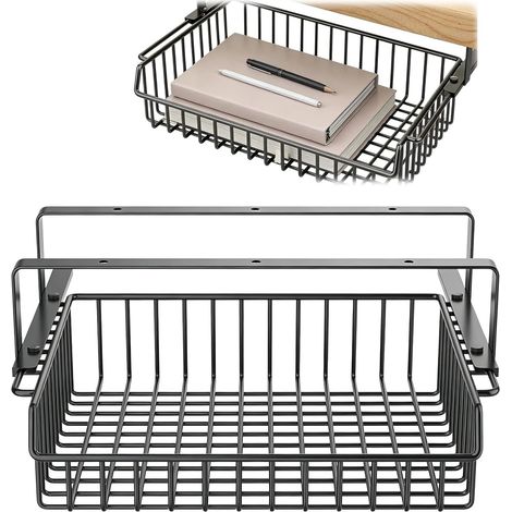 Metal Storage Basket 37 x 23.5 x 11cm Hanging Shelf Under Cabinet Drawer Table Top Large Capacity for Office Home School (Black) (1/5)