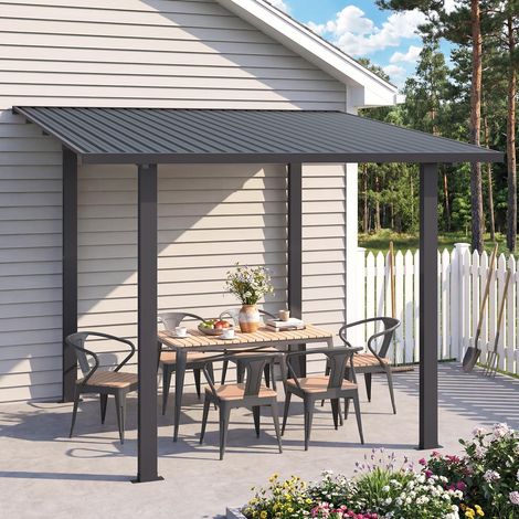 YODOLLA 2.4x3m Metal Lean-to Gazebo, Wall-Mounted Iron Hardtop Roof Pergola, Heavy Duty Metal Awning for Garden