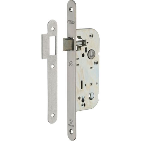 Serrure encastrable NF pour porte intérieure, axe 40mm, bouts ronds, inox - (1/5)
