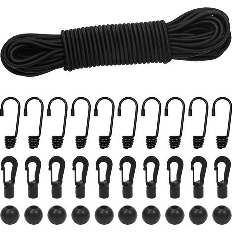 Corde en caoutchouc de 4 mm - 15 m - Noir - Corde élastique - Cordon en caoutchouc - Corde de serrage avec crochet - Accessoires DIY (noir, 4 mm x 15 m) (1/5)