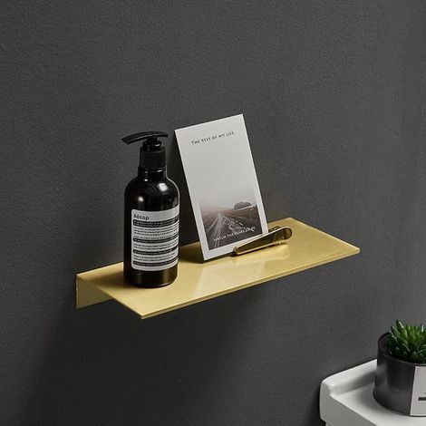 Étagère murale en aluminium doré brossé pour salle de bain, shampoing et cosmétiques, 20 cm. Accessoires de rangement pour WC et douche. (1/5)