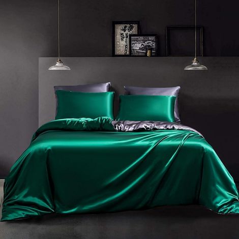 Parure de lit 200x200 cm Vert Gris Foncé Réversible Satin Lisse Soie avec Fermeture Éclair