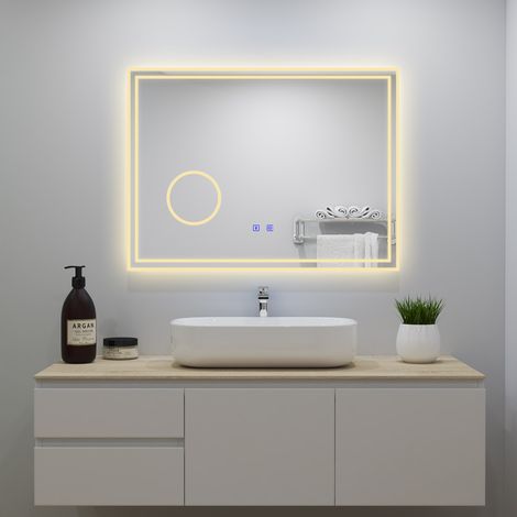 Ocean 160x80cm Miroir de salle de bain à LED, Bluetooth + loupe 3x + tricolore + anti-buée, rectangulaire (1/5)