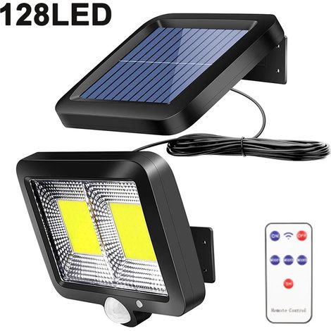 Luces solares para exteriores con sensor de movimiento, 128 luces LED de inundación de 120°, superbrillantes, IP65, impermeables, 3 modos de iluminación, luz solar de pared con cable de 5 m.