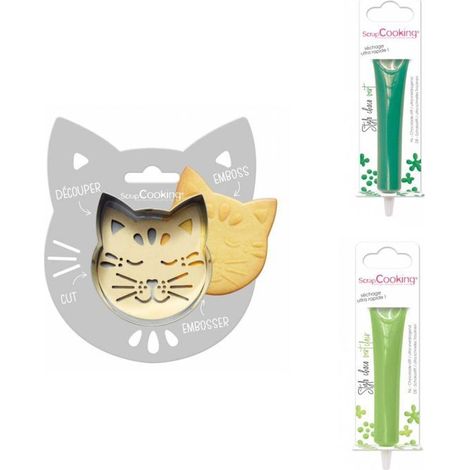 Kit pour biscuit en relief Chat + 2 Stylos au chocolat vert et vert clair
