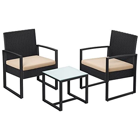 Mobiliario de jardín exterior conjunto de muebles 3 piezas superficie trenzada en PE para bistró terraza jardín balcón fácil montaje 2 sillas y 1 mesa negro y beige 120001693