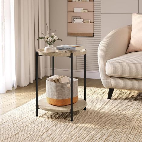 WOLTU Tavolino da Salotto Rotondo. Tavolino da Caffè con 2 Ripiani. Piano d’Appoggio Rimovibile. Comodino per Camera da Letto. Tavolinoda Divano. in Metallo e MDF. Rovere Chiaro e Nero (1/5)