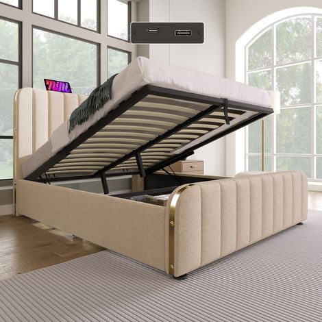 Lit double coffre 140x190 cm-hydraulique-USB Type-C-tête de lit capitonnée à liserés dorés-sommier à lattes-tissu lin-Beige (Sans matelas). (1/5)