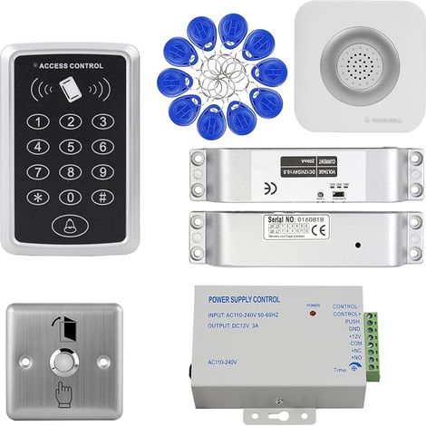 Kit Contrôle d'Accès RFID Autonome, Alimentation K80, Serrure Électrique, Sonnette, 10 Clés 125 kHz, 1000 Utilisateurs
